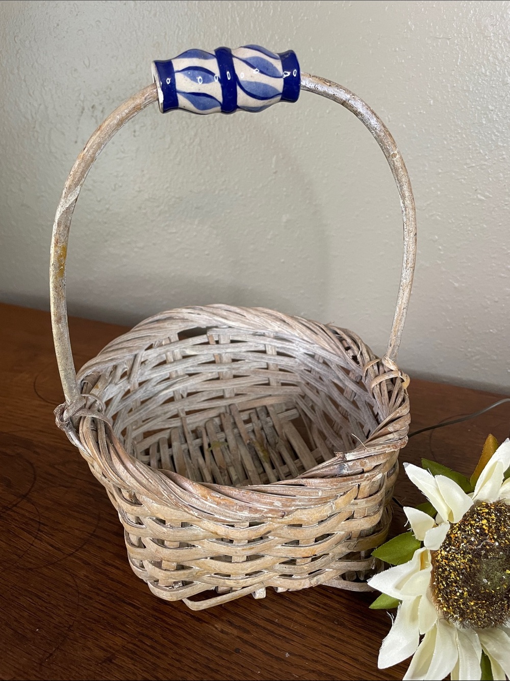 Vintage Wicker Handled Decorative Basket with Blue Ceramic Bead Accent